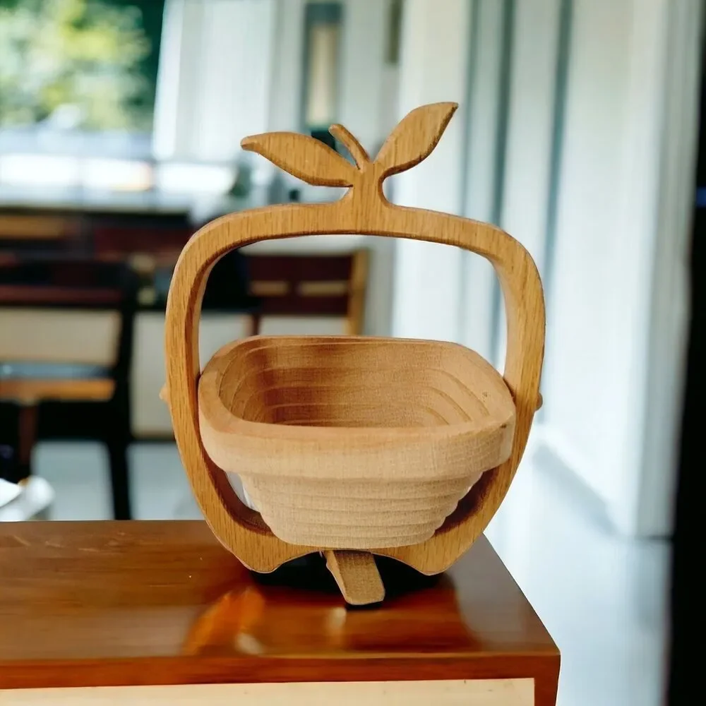 Vtg Basket Apple Shaped Tan Wooden Cut Collapsible Accent Fruit Holder Handmade